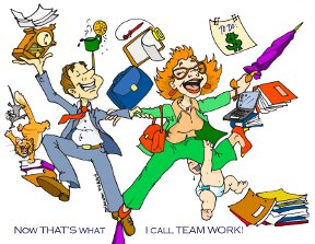 Cartoon of a man and woman in business suits, balancing on a tiny point, while juggling children and symbols of business, time, and responsibilities