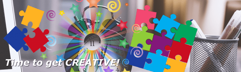 Colorful puzzle pieces and a clock with vibrant rays of light representing creativity and productivity at a creative virtual office space.