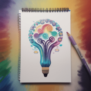 A sketch pad with a colorful, abstract drawing of colors representing brainstorming on the paper. A pencil lies on the pad.