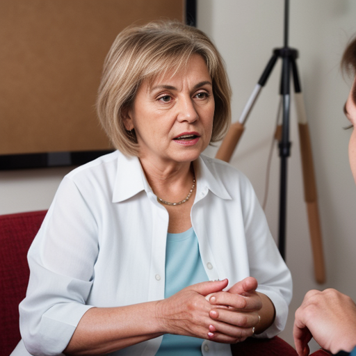 A woman is being interviewed. She's leaning forward in answering the questions, as she is dressed casually in a blue blouse under a white shirt.