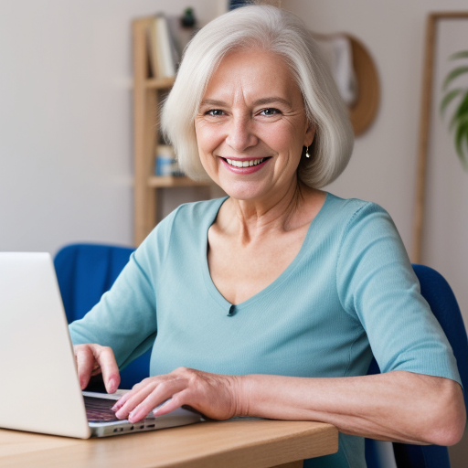 Retired woman writing her book on a laptop.