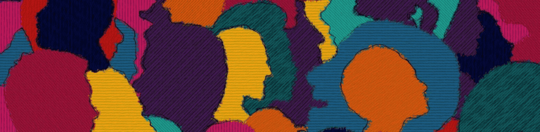Diverse colorful silhouettes of people's heads and shoulders representing virtual office collaboration and communication solutions.