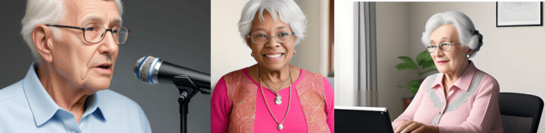 Elderly man speaking into a microphone at a virtual office, senior woman smiling with a laptop, senior woman working remotely at home, virtual professional office setting for seniors, remote work solutions for elderly professionals.
