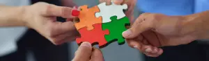 Closeup photograph of four people connecting four puzzle pieces together. Just the hands are visible.