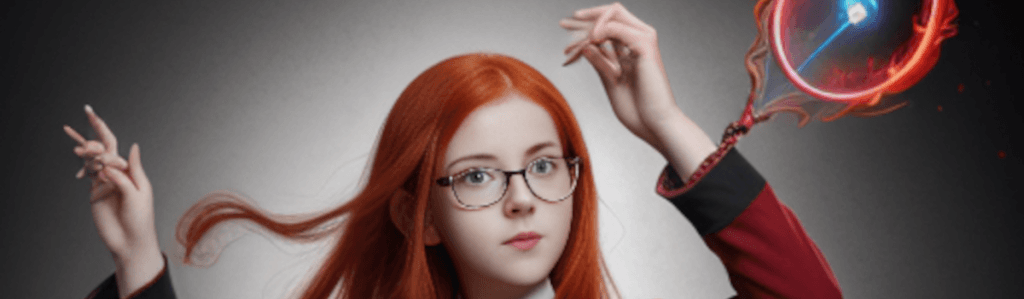 An AI image of a young red-headed girl with glasses. Deformed hands in the air.