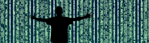 Graphic of numbers of code falling in patterns with the sillouette of a man, arms outstretched in front of the code.