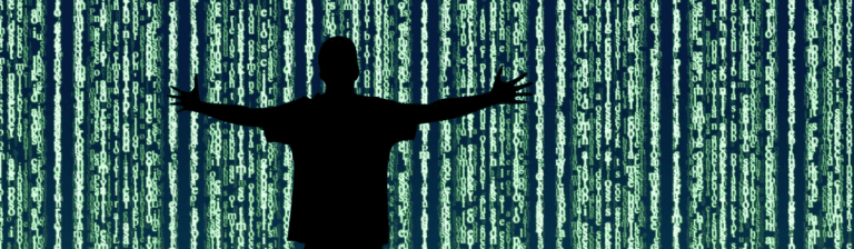 Silhouette of a person with arms outstretched in front of a digital matrix of green code, representing virtual office technology and digital communication solutions for remote work.