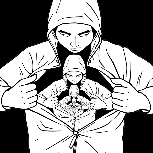 Black and white illustration of a man in a hoodie, who is opening it up at the chest, viewing himself in a repeating pattern of looking inward.