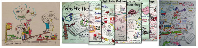 Creative virtual office workspace with illustrations and sketches representing remote team collaboration and productivity.
