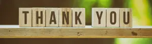 Block letters spelling Thank You sit together on a wooden shelf with greenery in the background