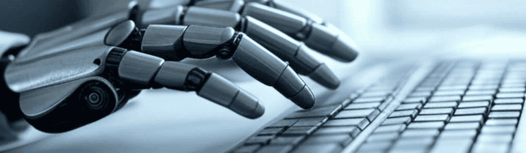 AI robot hand typing on a computer keyboard, symbolizing automation and virtual office solutions for business efficiency and innovative technology.