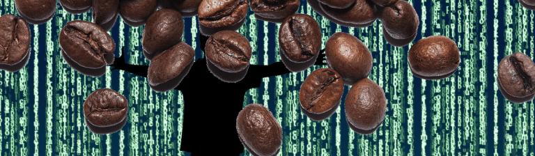 Coffee beans over binary code digital background representing virtual office technology.
