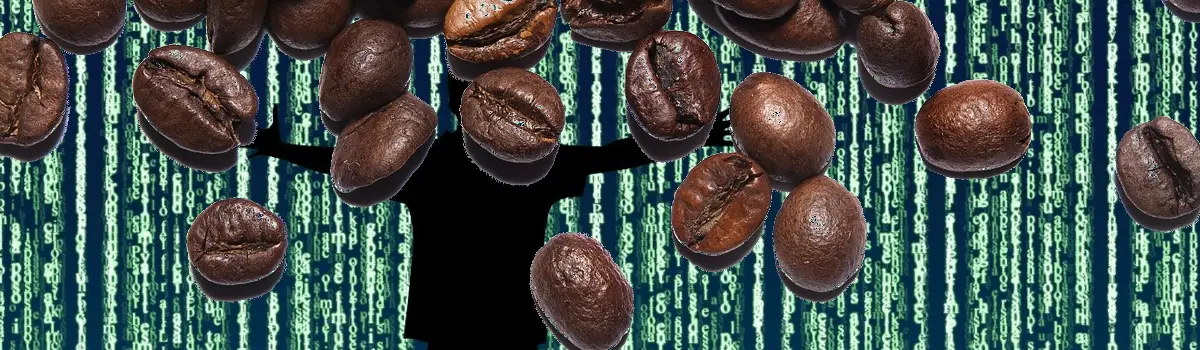 The shadow of a person standing in front of a green wall of numbers falling in rows as which is computer code. Giant coffee beans spill in the foreground over this image.