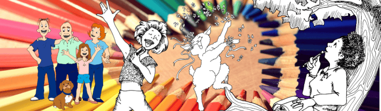Colorful virtual office branding image with cartoon characters and artistic sketches for creative virtual office services - creative virtual office branding illustration.