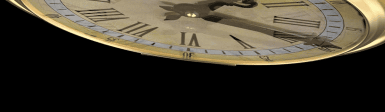 Close-up of a gold-framed analog clock face showing time, symbolizing business efficiency and time management in a virtual office setting.