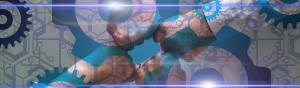 Close up image of four people in a fist bump with an overlay of digital graphics in blue.
