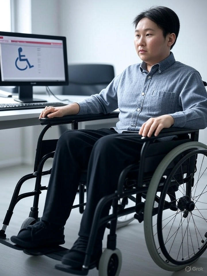 Ai image of a man in a wheelchair next to his computer, with the handicap logo on the screen