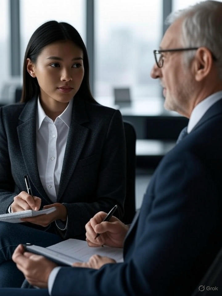 A young Asian business woman in a suit seeks the advice of an older gentleman. Both are taking notes.