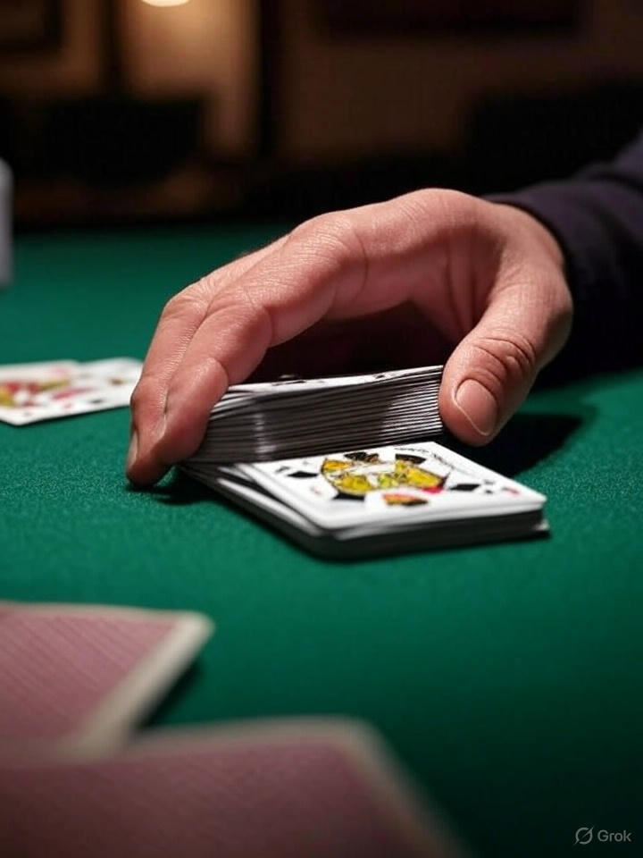 AI close up image of a hans hand laying his cards on a table