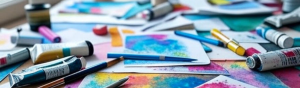 AI image of colorful papers, paint, pencils, and pens