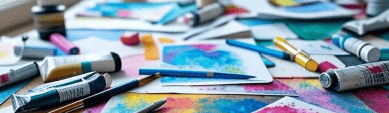 Colorful artist's paint tubes and watercolor paintings scattered on a wooden table.