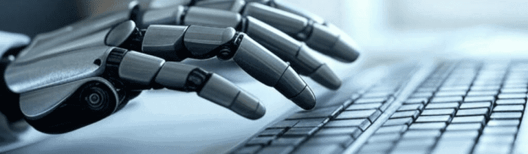 Robotic hand typing on a computer keyboard, symbolizing AI technology, automation, and virtual office solutions for modern business operations.