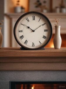 Classic round wall clock with Roman numerals on a wooden shelf, enhancing office or home decor with timeless style.