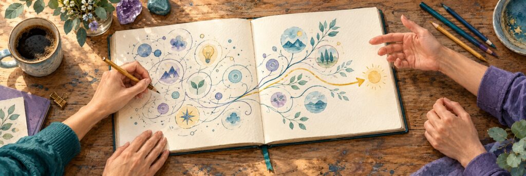 Team members collaborating around a notebook with a colorful illustrated mind-map, plants, and stationery suggesting creative coaching and brainstorming in a virtual office setting.