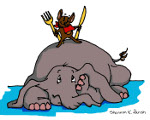 Mouse holding fork and knife standing on an elephant which is laying on the floor.