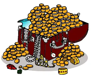 Cartoon of a Treasure Trunk spilling over with gold coins, jewelry and vessels.