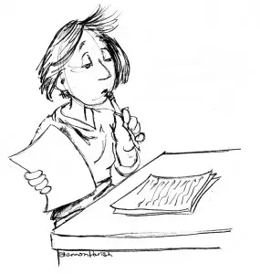 Pencil sketch cartoon of a woman sitting at a desk, looking at a stack of papers, with her pencil in her mouth as she thinks.