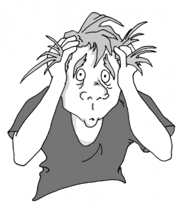 Cartoon of a man pulling his hair in frustration.