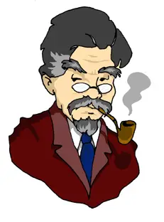 Cartoon of an older gentleman in a suit, with bushy eyebrows, a mustache and goatee, who is puffing a pipe. He represents writers.