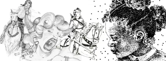 Group cluster of pen and ink, or pencil sketches. A woman singing opera, Joan of Arc, and a stippling illustration of an African American girl.