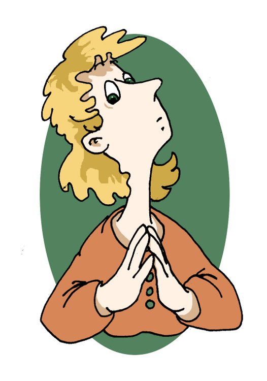 Cartoon of a woman with hands steepled in front, she's thinking as she looks down to the right.