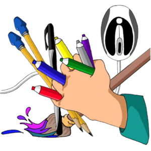 cartoon logo of a hand holding a fist full of pens, markers, and pencils. A paintbrush sweeps across the table with paint in the background and a computer mouse stands reading in the right hand corner. This logo depicts all the different creative mediums that IllustratingYou, LLC provides.