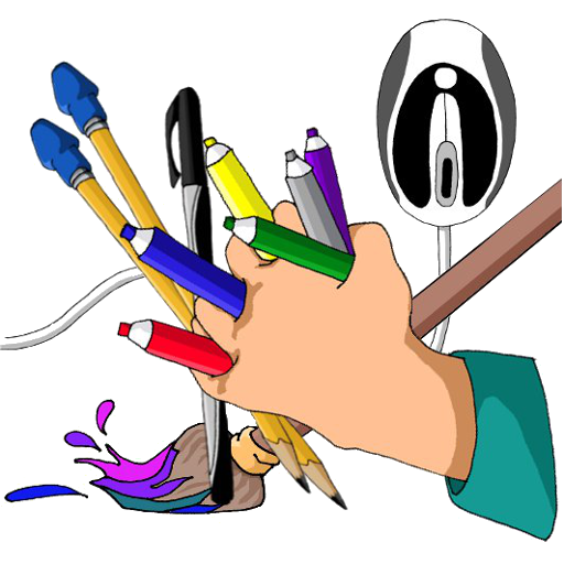 cartoon logo of a hand holding a fist full of pens, markers, and pencils. A paintbrush sweeps across the table with paint in the background and a computer mouse stands reading in the right hand corner. This logo depicts all the different creative mediums that IllustratingYou, LLC provides.