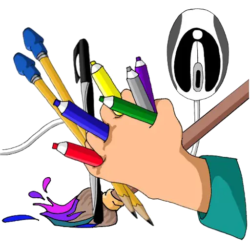 cartoon logo of a hand holding a fist full of pens, markers, and pencils. A paintbrush sweeps across the table with paint in the background and a computer mouse stands reading in the right hand corner. This logo depicts all the different creative mediums that IllustratingYou, LLC provides.
