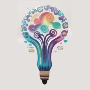 watercolor painting of a lightbulb filled with splashes of rainbow colors representing ideas.