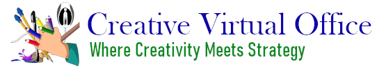 Logo image of a hand holding artistic tools with a computer mouse in the background, and the name of Creative Virtual Office; Where Creativity Meets Strategy