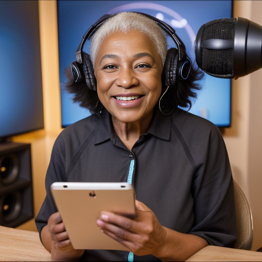 Woman of color wearing headphones, holding an ipad and speaking over a microphone in a podcast