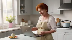A woman of 60 years is teaching from her laptop, in her kitchen.