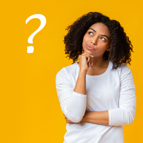 A black woman is thinking with her hand to her face. The background is yellow gold, and she is wearing white. A question mark hangs in the air.