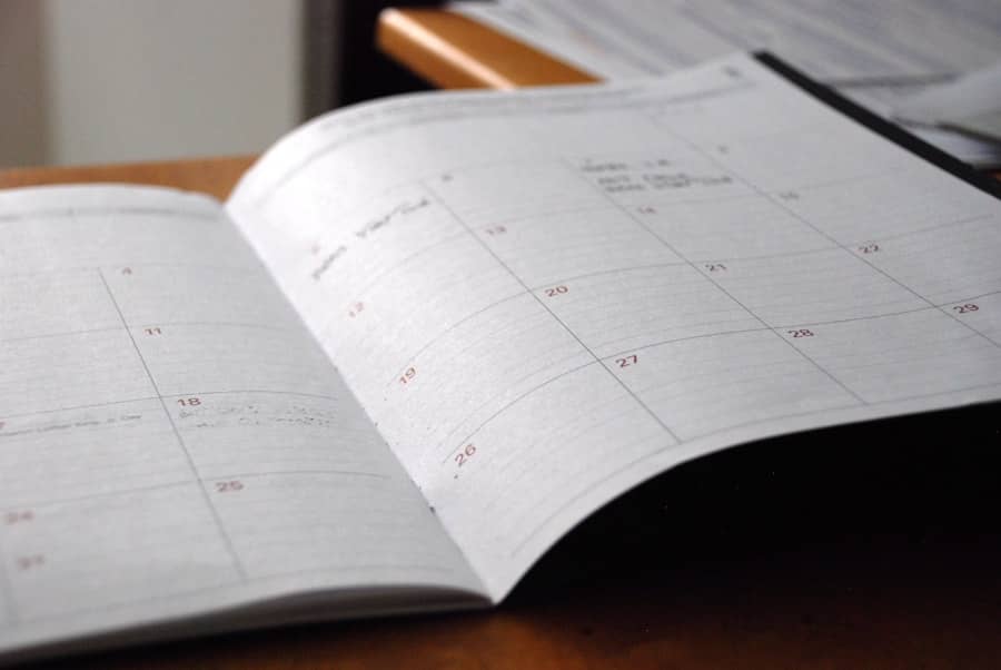 An opened planner on a desktop
